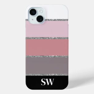 Chic Trendy Striped   Monogrammed Initial iPhone 15 Mini Case