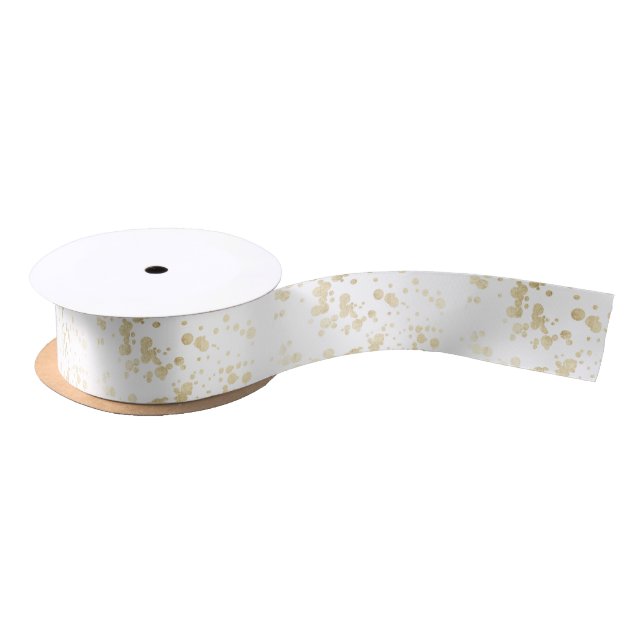 Chic trendy white faux gold elegant confetti dots satin ribbon (Spool)