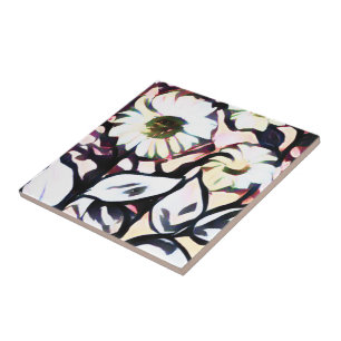 Chic Trendy White + Pink Artsy Flowers  Ceramic Tile