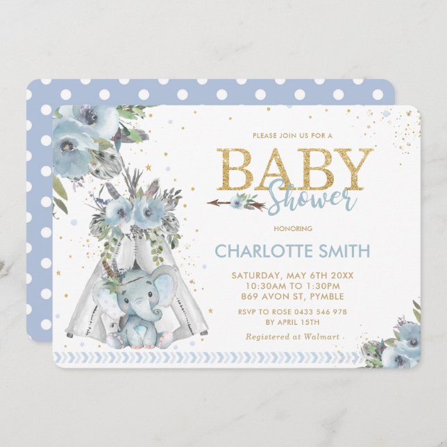 Chic Tribal Blue Floral Elephant Boy Baby Shower Invitation (Front/Back)