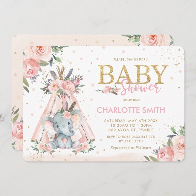 Chic Tribal Pink Floral Elephant Girl Baby Shower Invitation (Front/Back)