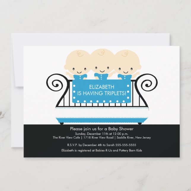 Chic TRIPLETS in Crib Baby Shower Invitation Blue (Front)