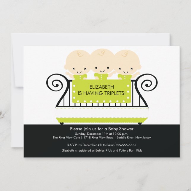 Chic TRIPLETS in Crib Baby Shower Invitation Lime (Front)