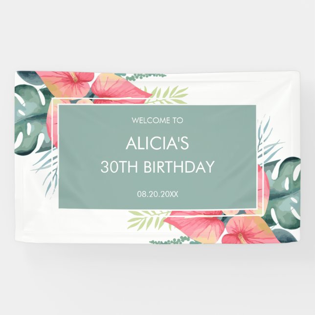 Chic Tropical Anthurium & Monstera Birthday Banner (Horizontal)