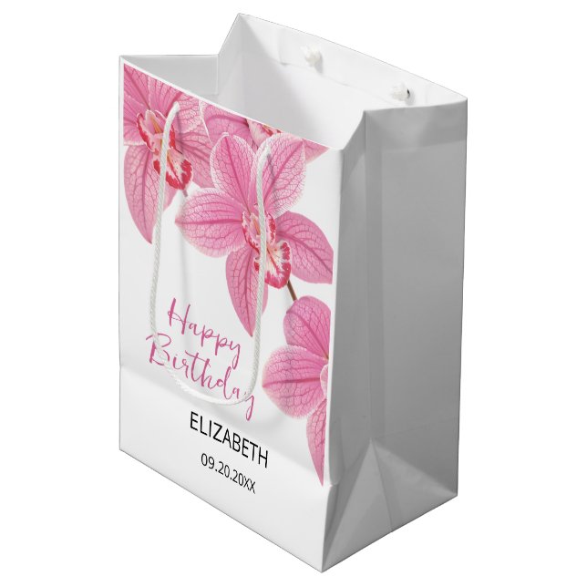 Chic Tropical Floral Pink Orchid Birthday Medium Gift Bag (Front Angled)