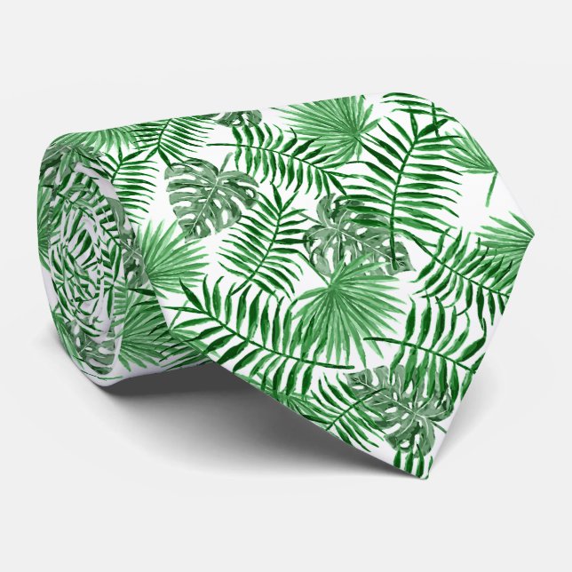 Chic Tropical Green Palm Tree Leaves Summer Art Tie (Rolled)