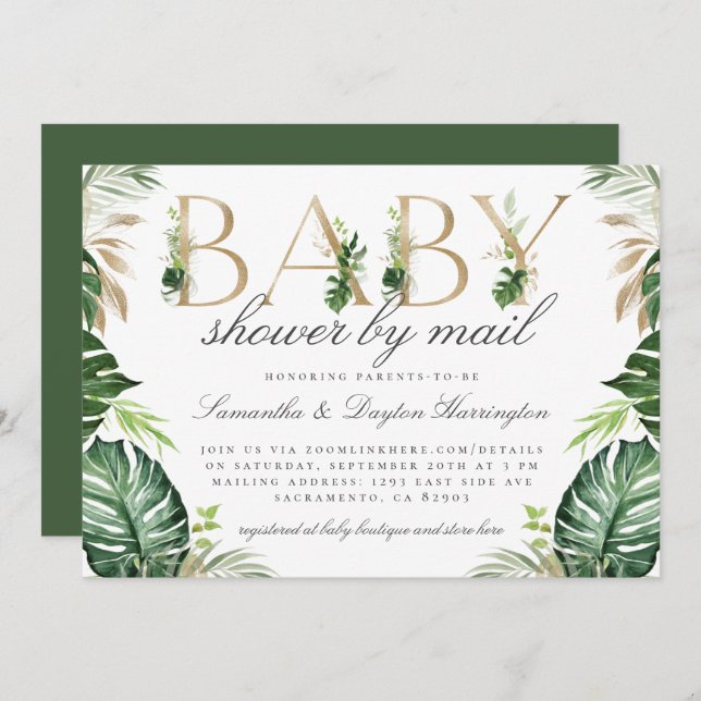 Chic Tropical Greenery Gold Baby Shower By Mail Invitation (Front/Back)