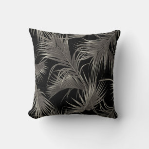 Chic Tropical Palm Fronds Pattern on Black Cushion