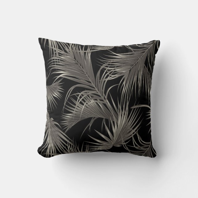 Chic Tropical Palm Fronds Pattern on Black Cushion (Front)