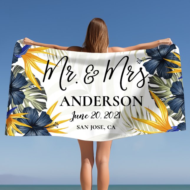 Chic Tropical Personalised Mr. & Mrs. Custom Beach Towel (Chic Tropical Personalized Mr. & Mrs. Custom Beach Towel)