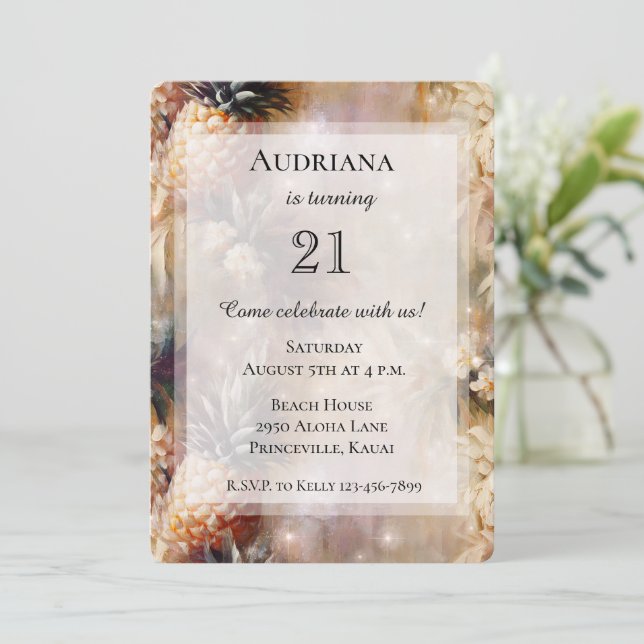 Chic Tropical Pineapples Sparkle Birthday Invitation (Standing Front)