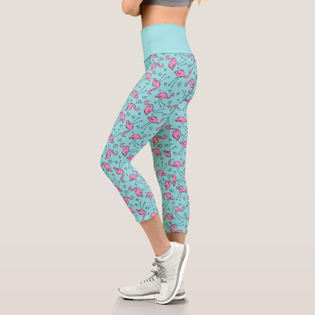 Chic Tropical Pink Flamingo on Aqua Blue Pattern Capri Leggings (Left)