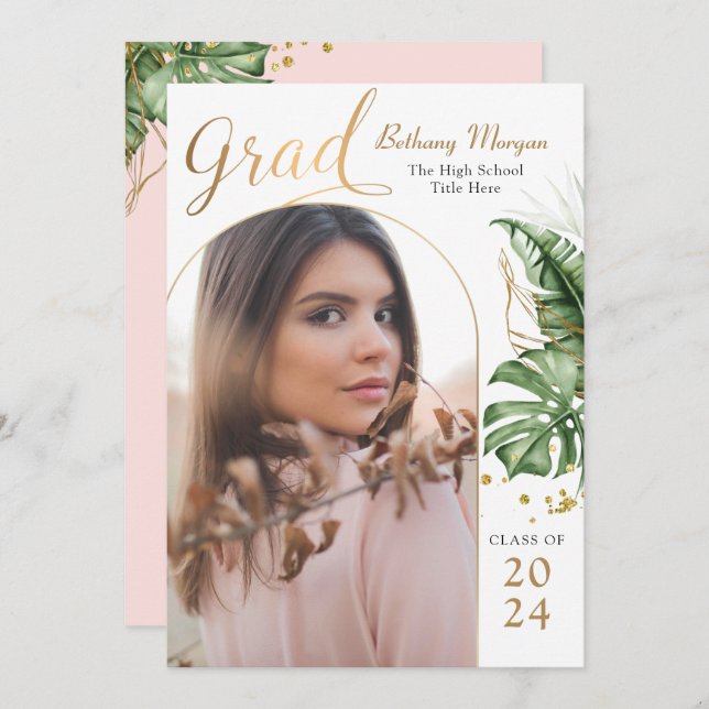 Chic Tropical Pink Gold Arch Photo Graduation Announcement (Front/Back)
