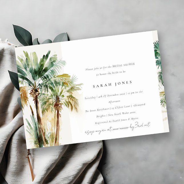 Chic Tropical Watercolor Palm Trees Bridal Shower Invitation (Creator Uploaded)