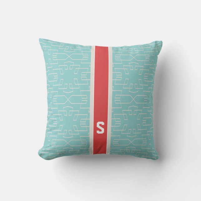 Chic turquoise abstract geometric pattern monogram cushion (Front)