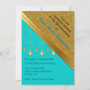 Chic Turquoise and Gold Quinceañera Invitation