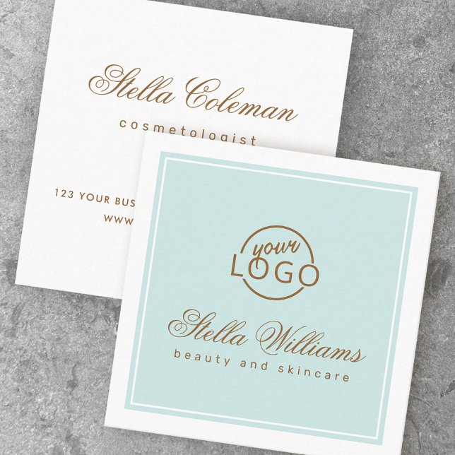 Chic turquoise aqua blue custom logo minimalist square business card (Chic turquoise aqua blue custom logo minimalist square business card)