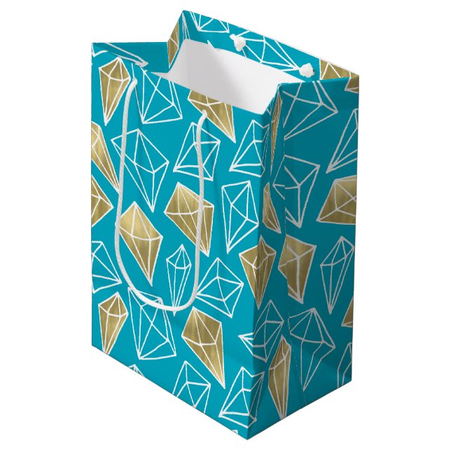 Chic Turquoise Aqua Blue Gold Diamonds Birthday Medium Gift Bag (Front Angled)
