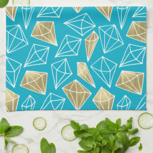 Chic Turquoise Aqua Blue Gold Diamonds   Tea Towel