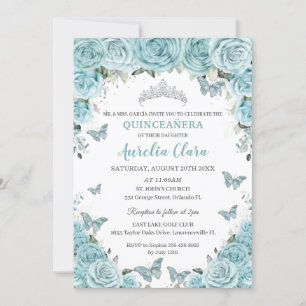 Chic Turquoise Blue Floral Butterflies Quinceañera Invitation
