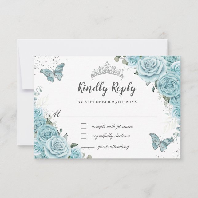 Chic Turquoise Blue Floral Quinceañera Butterflies RSVP Card (Front)