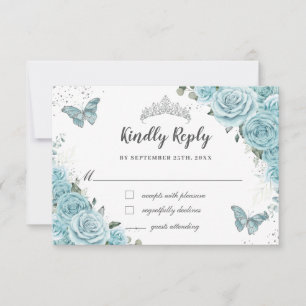 Chic Turquoise Blue Floral Quinceañera Butterflies RSVP Card