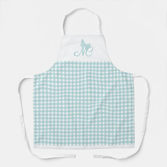 Chic Turquoise Butterfly Monogram Gingham Check Apron (Front)