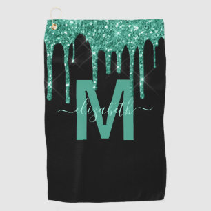 Chic Turquoise Dripping Glitter Monogram Name Golf Towel
