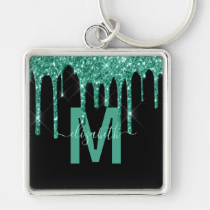Chic Turquoise Dripping Glitter Monogram Name Key Ring