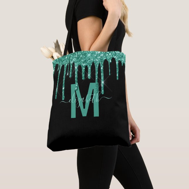 Chic Turquoise Dripping Glitter Monogram Name Tote Bag (Close Up)