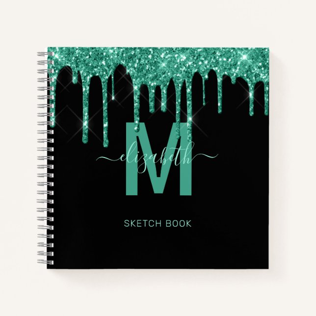 Chic Turquoise Dripping Glitter Monogram Sketch Notebook (Front)
