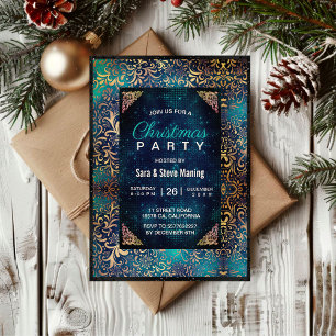 Chic turquoise floral faux gold Christmas Invitation