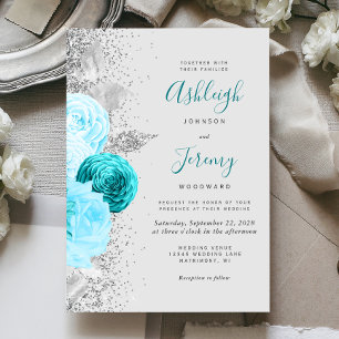 Chic Turquoise Floral Silver Glitter Grey Wedding Invitation