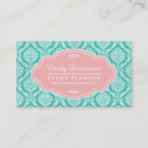 Chic Turquoise French Damask Pink Personalised Business Card