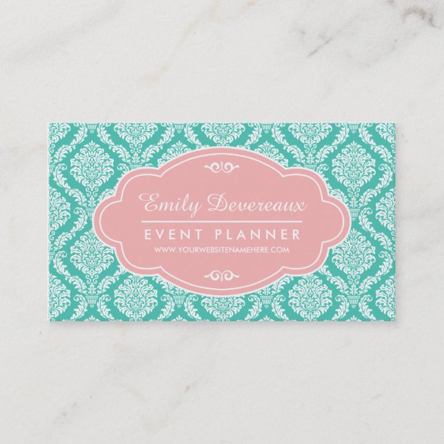 Chic Turquoise French Damask Pink Personalised Business Card (Front)