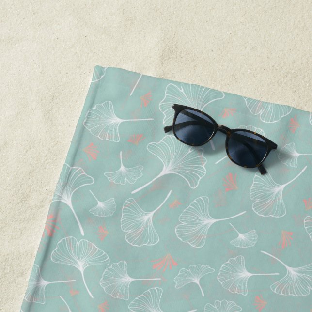 Chic Turquoise Ginkgo Leaves Monogram Beach Towel (In Situ)