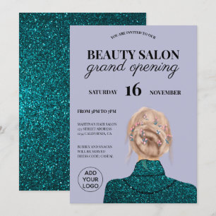 Chic turquoise glitter beauty salon grand opening invitation