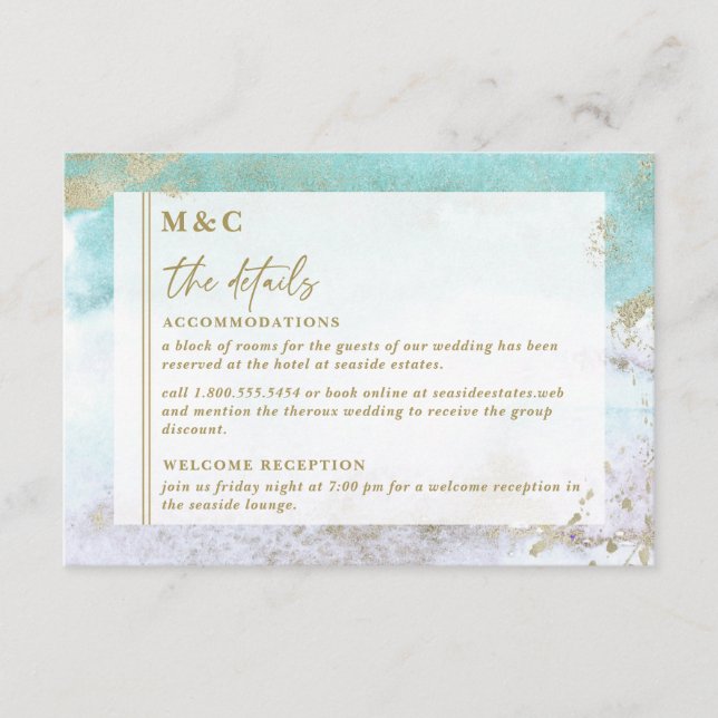 Chic Turquoise Gold Abstract Watercolor Enclosure Card (Front)