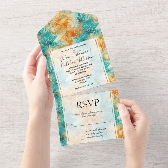 Chic Turquoise Orange Flowers Wedding All In One Invitation (Tearaway)