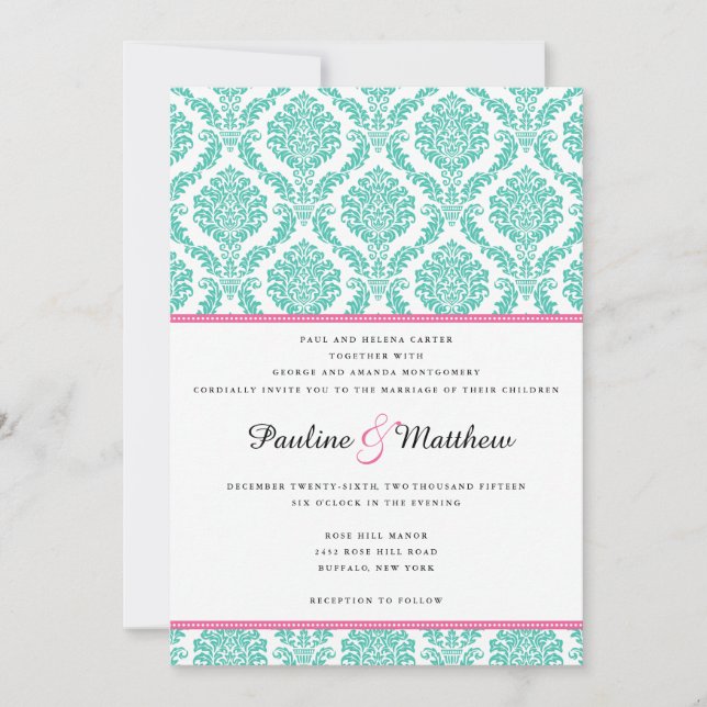 Chic Turquoise Pink Damask Wedding Invitation (Front)