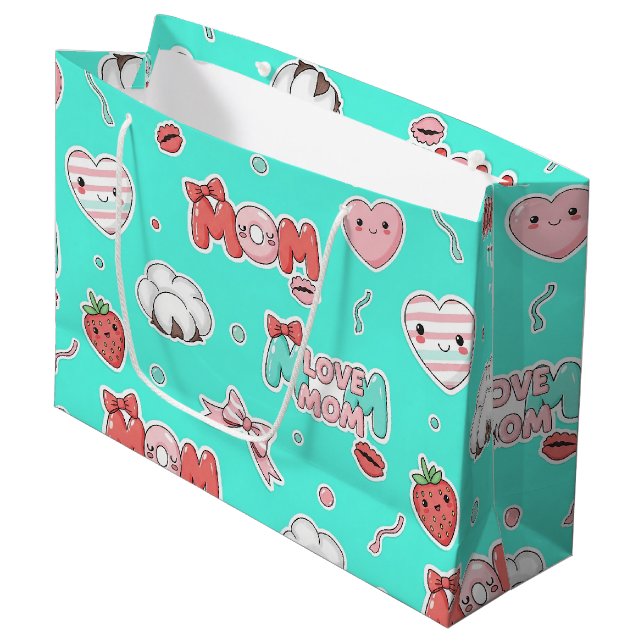 Chic Turquoise Pop Art MOM Love Pattern Large Gift Bag (Front Angled)