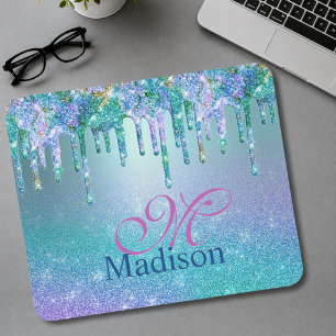 Chic turquoise purple ombre glitter drips monogram mouse pad