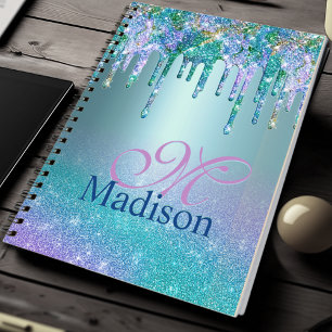 Chic turquoise purple ombre glitter drips monogram notebook