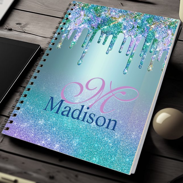 Chic turquoise purple ombre glitter drips monogram notebook (Creator Uploaded)