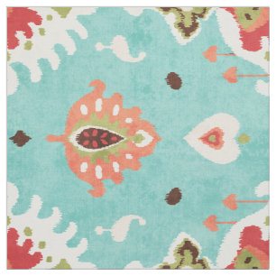 Chic turquoise red orange ikat tribal pattern fabric