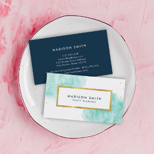 Chic Turquoise Watercolor Faux Gold Business Card
