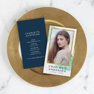 Chic Turquoise Watercolor Faux Gold Headshot Photo Business Card