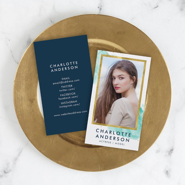 Chic Turquoise Watercolor Faux Gold Headshot Photo Business Card (Creator Uploaded)