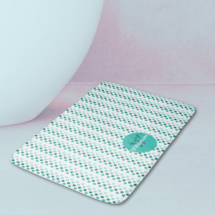Chic Turquoise White Teal Dots Monogram Name Bath Mat