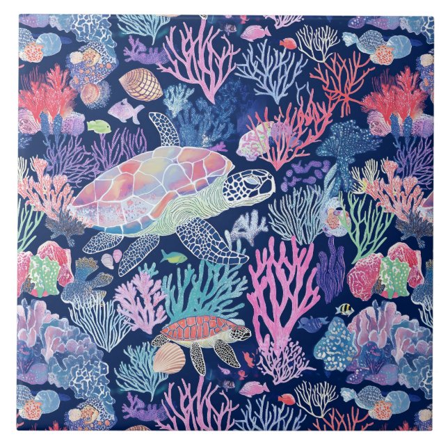 Chic turtle corals ceramic tile (Front)